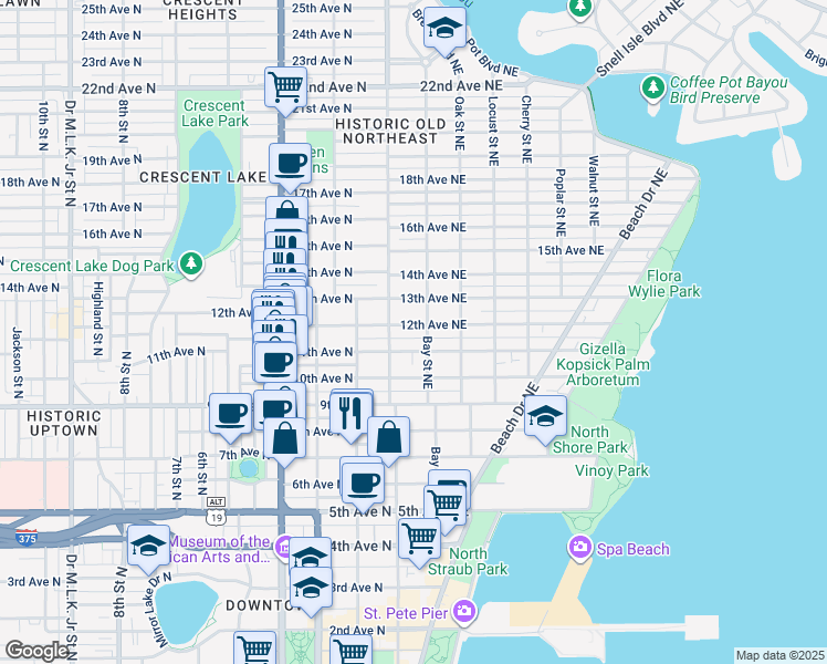 map of restaurants, bars, coffee shops, grocery stores, and more near 150 11th Avenue Northeast in St. Petersburg