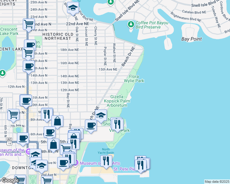 map of restaurants, bars, coffee shops, grocery stores, and more near 605 11th Avenue Northeast in St. Petersburg