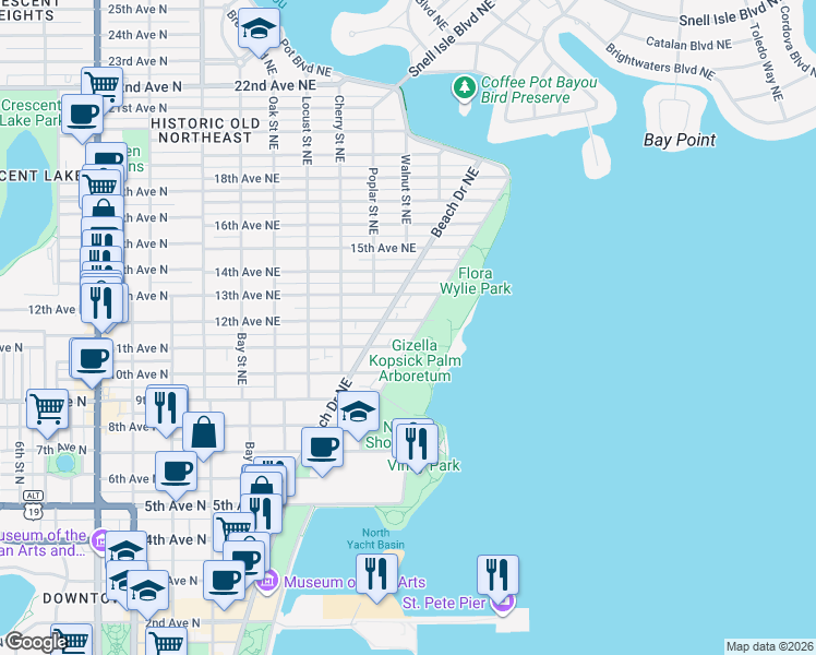 map of restaurants, bars, coffee shops, grocery stores, and more near 1120 North Shore Drive Northeast in St. Petersburg