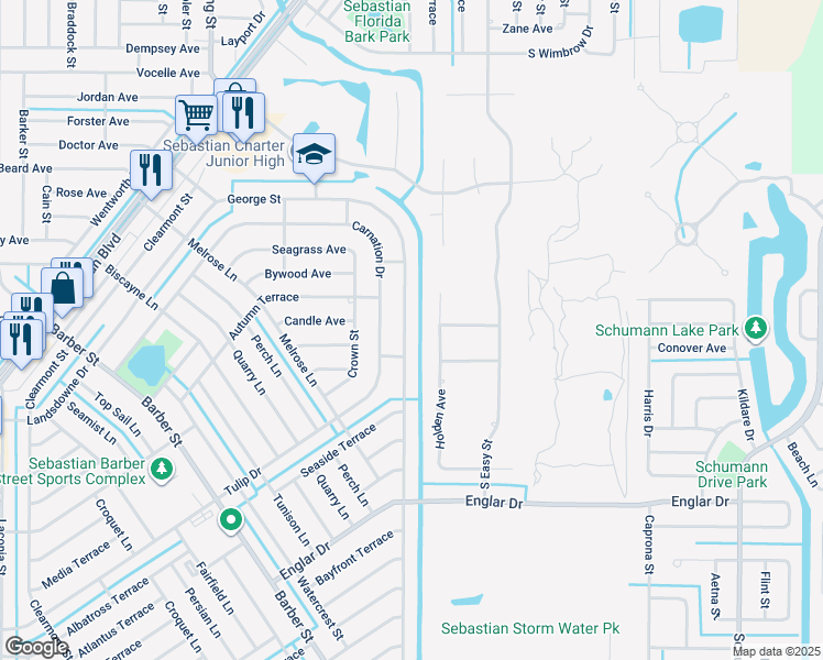 map of restaurants, bars, coffee shops, grocery stores, and more near 744 Holden Avenue in Sebastian