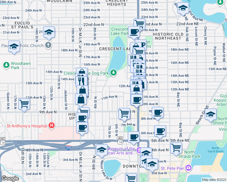 map of restaurants, bars, coffee shops, grocery stores, and more near 645 12th Avenue North in St. Petersburg