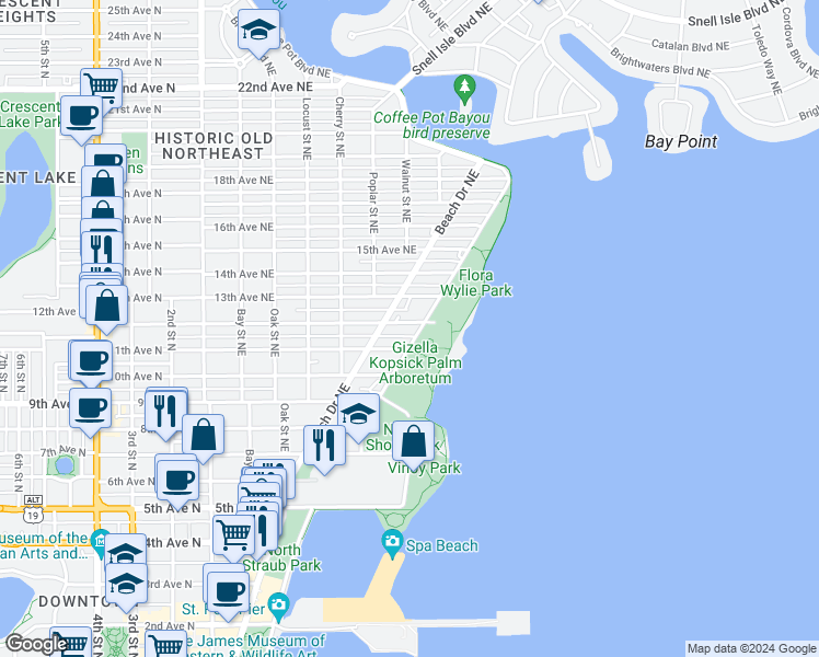 map of restaurants, bars, coffee shops, grocery stores, and more near 736 13th Avenue Northeast in St. Petersburg