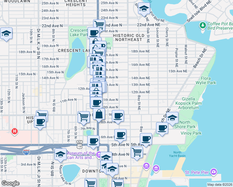 map of restaurants, bars, coffee shops, grocery stores, and more near 220 13th Avenue North in St. Petersburg