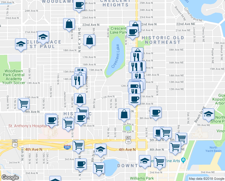 map of restaurants, bars, coffee shops, grocery stores, and more near 645 12th Avenue North in St. Petersburg