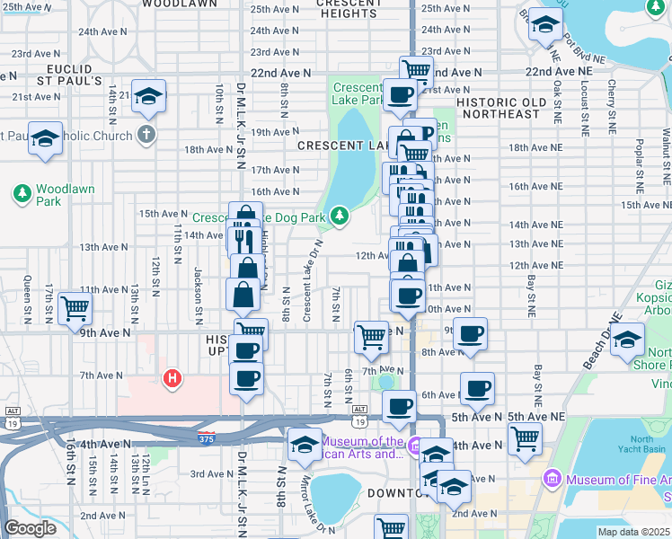 map of restaurants, bars, coffee shops, grocery stores, and more near 645 12th Avenue North in St. Petersburg
