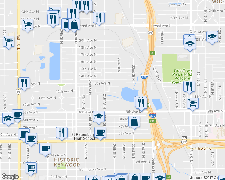 map of restaurants, bars, coffee shops, grocery stores, and more near 2486 13th Avenue North in St. Petersburg