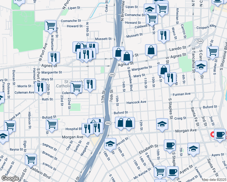 map of restaurants, bars, coffee shops, grocery stores, and more near 650 16th Street in Corpus Christi
