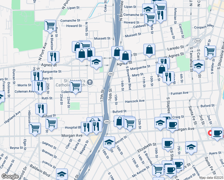 map of restaurants, bars, coffee shops, grocery stores, and more near 650 16th Street in Corpus Christi