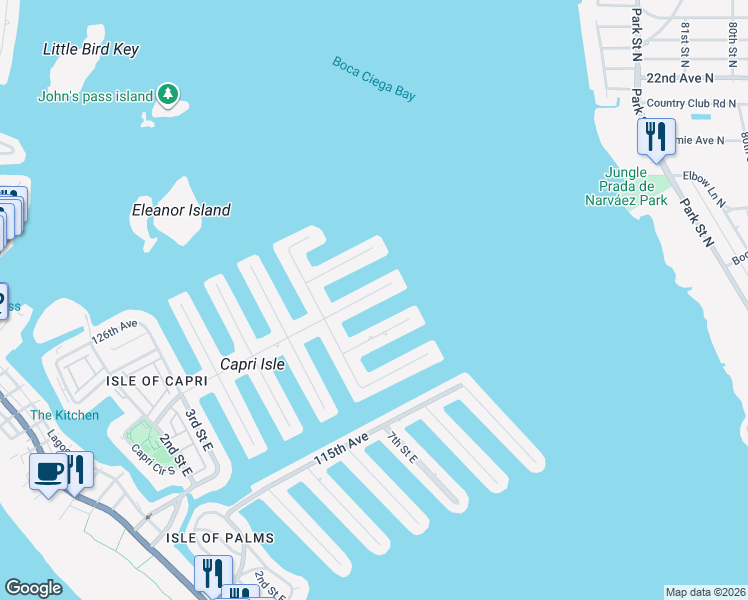 map of restaurants, bars, coffee shops, grocery stores, and more near 795 Capri Boulevard in Treasure Island