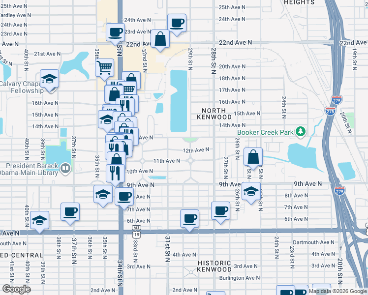 map of restaurants, bars, coffee shops, grocery stores, and more near 2900 13th Avenue North in St. Petersburg