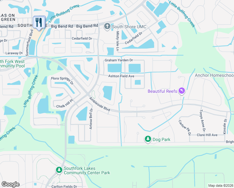 map of restaurants, bars, coffee shops, grocery stores, and more near 13458 Fladgate mark Drive in Riverview