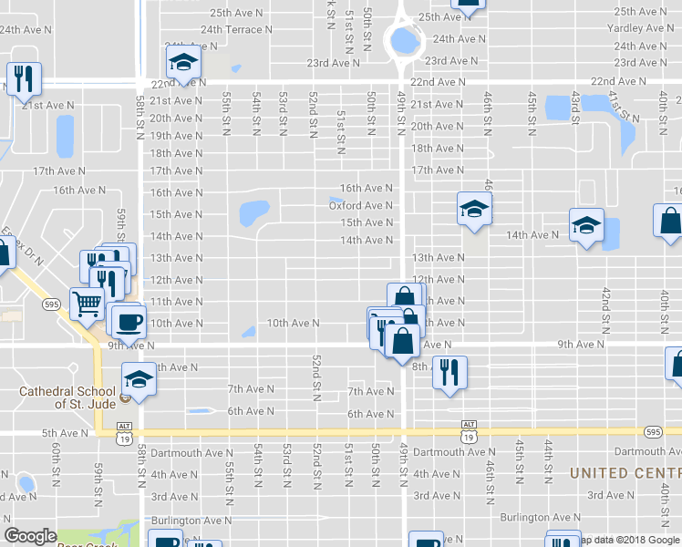 map of restaurants, bars, coffee shops, grocery stores, and more near 5025 13th Avenue North in St. Petersburg