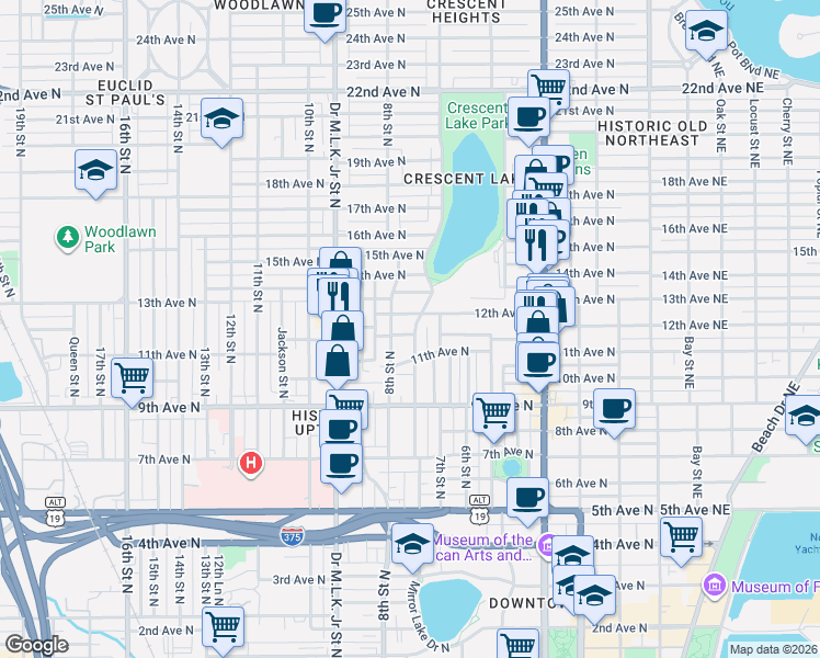 map of restaurants, bars, coffee shops, grocery stores, and more near 779 12th Avenue North in St. Petersburg