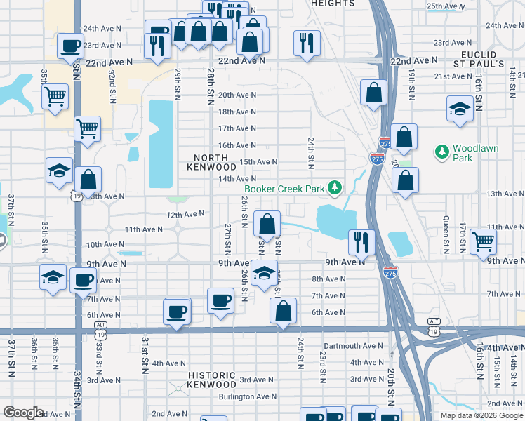 map of restaurants, bars, coffee shops, grocery stores, and more near 2526 13th Avenue North in St. Petersburg