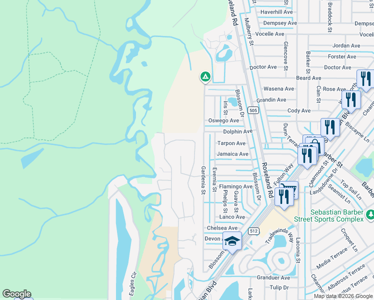 map of restaurants, bars, coffee shops, grocery stores, and more near 514 Cross Creek Circle in Sebastian