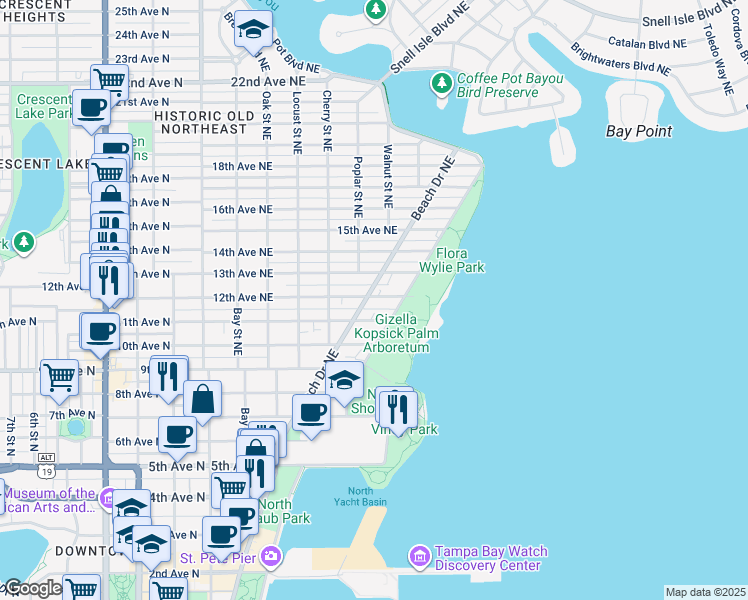 map of restaurants, bars, coffee shops, grocery stores, and more near 576 13th Avenue Northeast in St. Petersburg