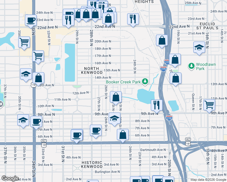 map of restaurants, bars, coffee shops, grocery stores, and more near 2526 13th Avenue North in St. Petersburg