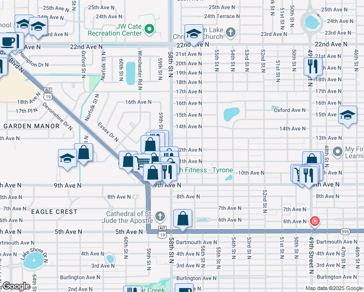 map of restaurants, bars, coffee shops, grocery stores, and more near 5729 13th Avenue North in St. Petersburg