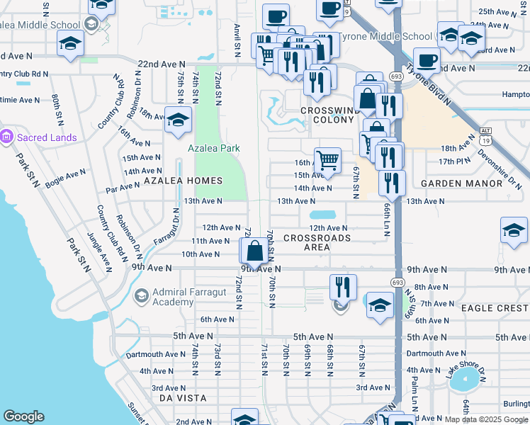 map of restaurants, bars, coffee shops, grocery stores, and more near 1285 72nd Street North in St. Petersburg