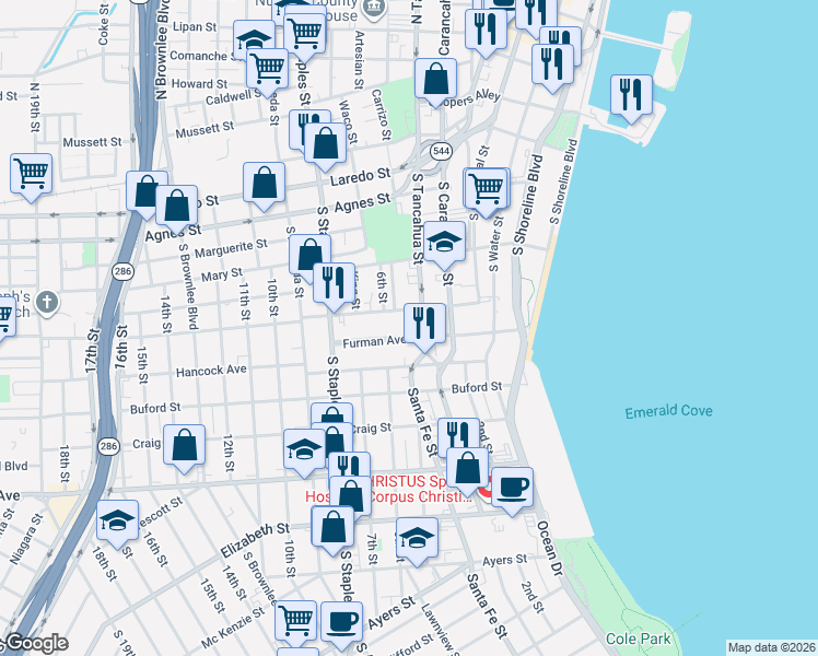 map of restaurants, bars, coffee shops, grocery stores, and more near 817 Coleman Avenue in Corpus Christi