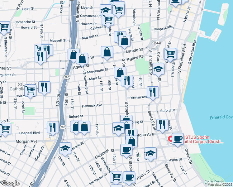 map of restaurants, bars, coffee shops, grocery stores, and more near 718 10th Street in Corpus Christi