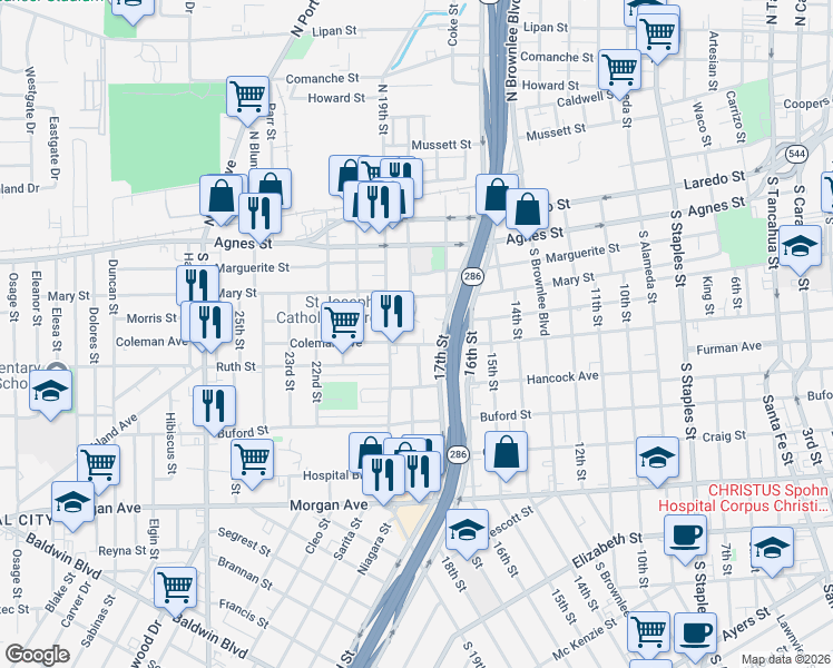 map of restaurants, bars, coffee shops, grocery stores, and more near 2121 Mary Street in Corpus Christi