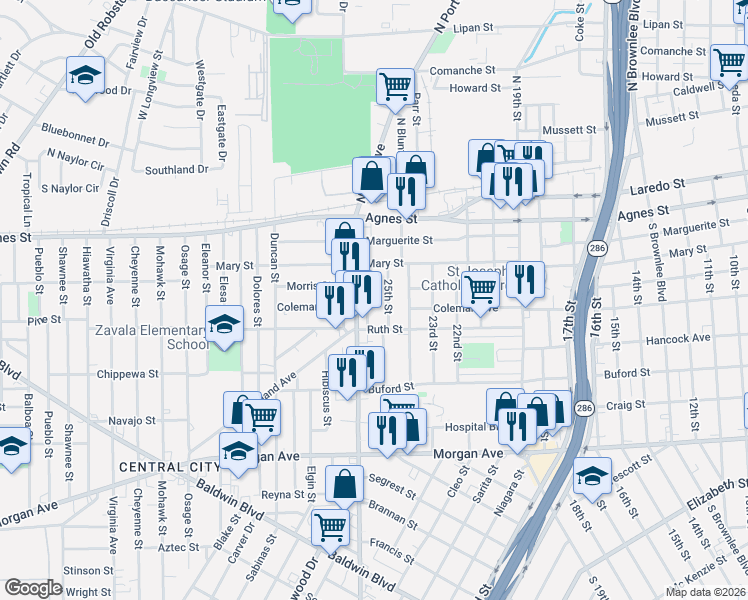 map of restaurants, bars, coffee shops, grocery stores, and more near 622 25th Street in Corpus Christi