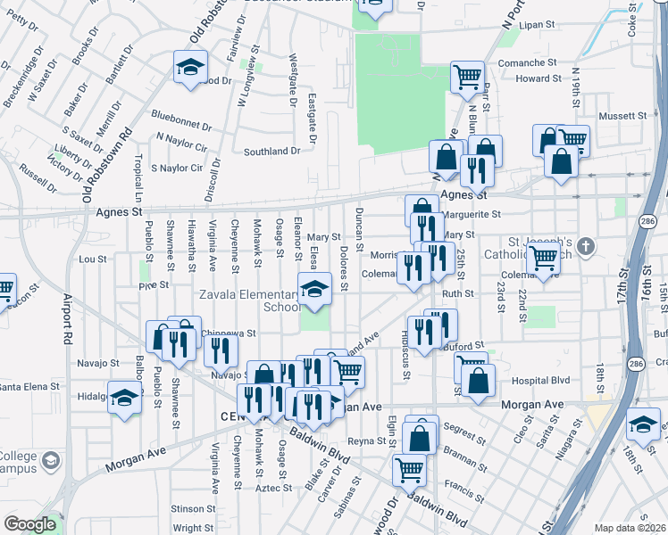 map of restaurants, bars, coffee shops, grocery stores, and more near 617 Dolores Street in Corpus Christi
