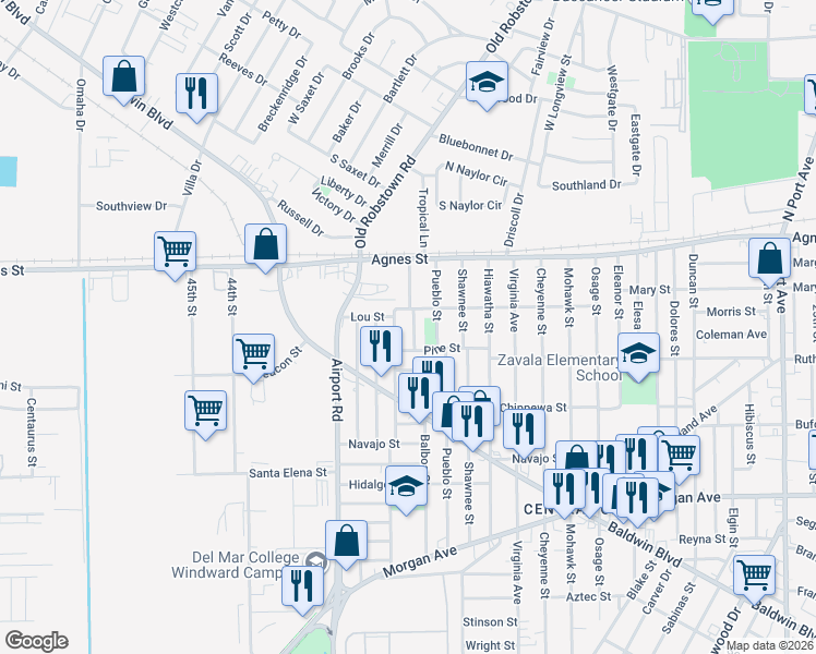 map of restaurants, bars, coffee shops, grocery stores, and more near 202 Cortez Street in Corpus Christi