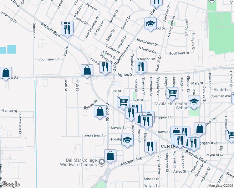 map of restaurants, bars, coffee shops, grocery stores, and more near 4038 Lou Street in Corpus Christi