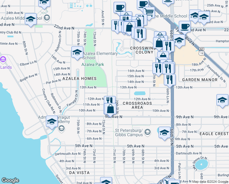 map of restaurants, bars, coffee shops, grocery stores, and more near 1240 70th Street North in Saint Petersburg