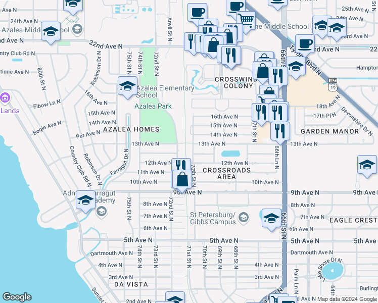 map of restaurants, bars, coffee shops, grocery stores, and more near 1240 70th Street North in St. Petersburg