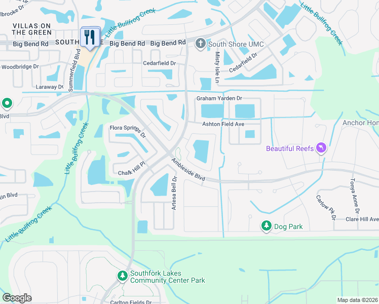 map of restaurants, bars, coffee shops, grocery stores, and more near 13550 Fladgate mark Drive in Riverview