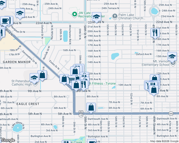 map of restaurants, bars, coffee shops, grocery stores, and more near 1220 57th Street North in St. Petersburg