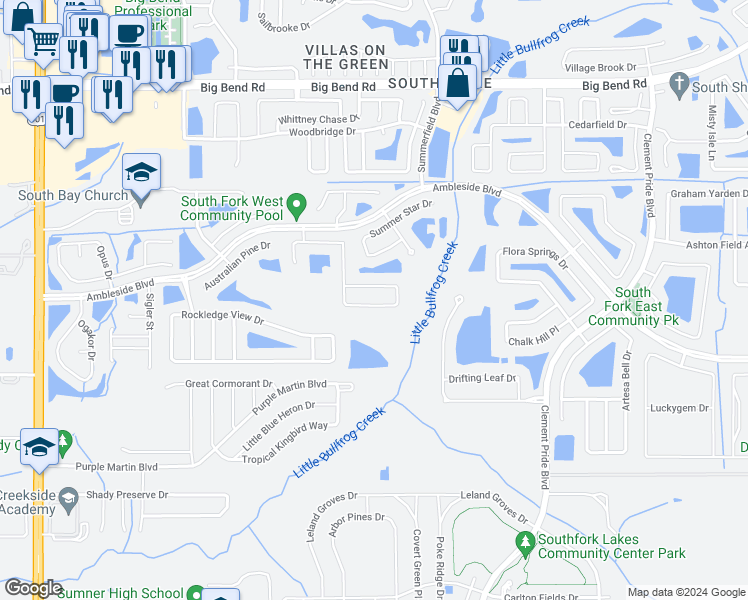 map of restaurants, bars, coffee shops, grocery stores, and more near 11128 Golden Silence Drive in Riverview