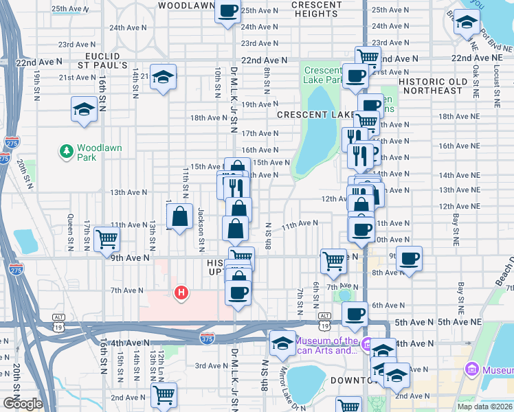 map of restaurants, bars, coffee shops, grocery stores, and more near 1231 Highland Street North in St. Petersburg