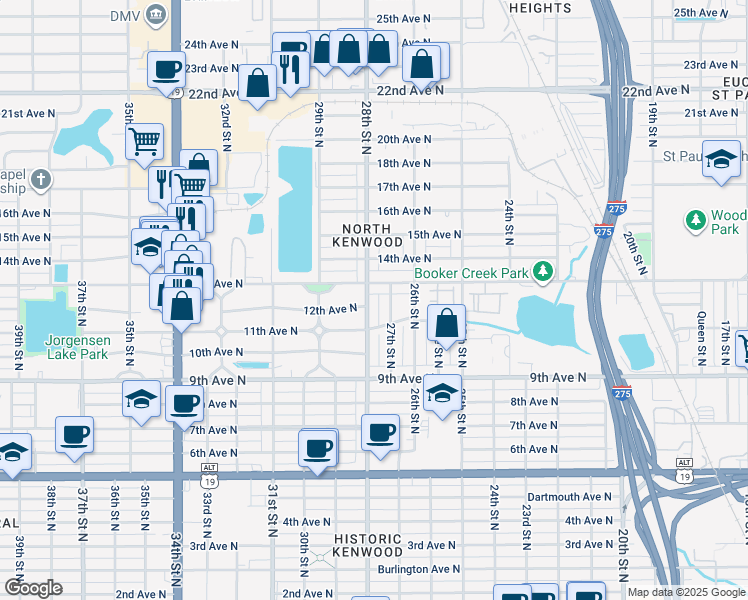 map of restaurants, bars, coffee shops, grocery stores, and more near 2720 13th Avenue North in St. Petersburg