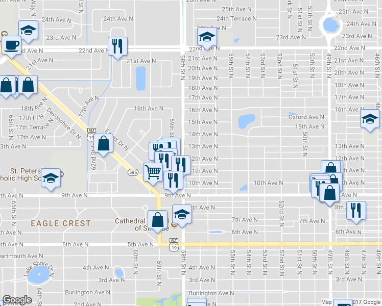 map of restaurants, bars, coffee shops, grocery stores, and more near 5729 13th Avenue North in St. Petersburg