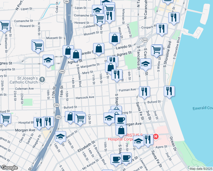 map of restaurants, bars, coffee shops, grocery stores, and more near 718 10th Street in Corpus Christi