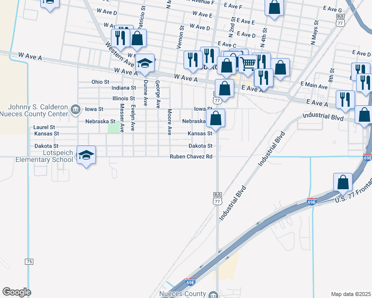 map of restaurants, bars, coffee shops, grocery stores, and more near 303 Dakota Street in Robstown
