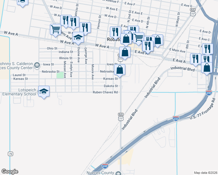 map of restaurants, bars, coffee shops, grocery stores, and more near 708 Washington Avenue in Robstown