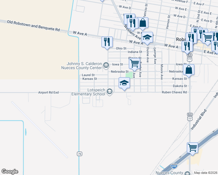 map of restaurants, bars, coffee shops, grocery stores, and more near 1111 Dakota Street in Robstown