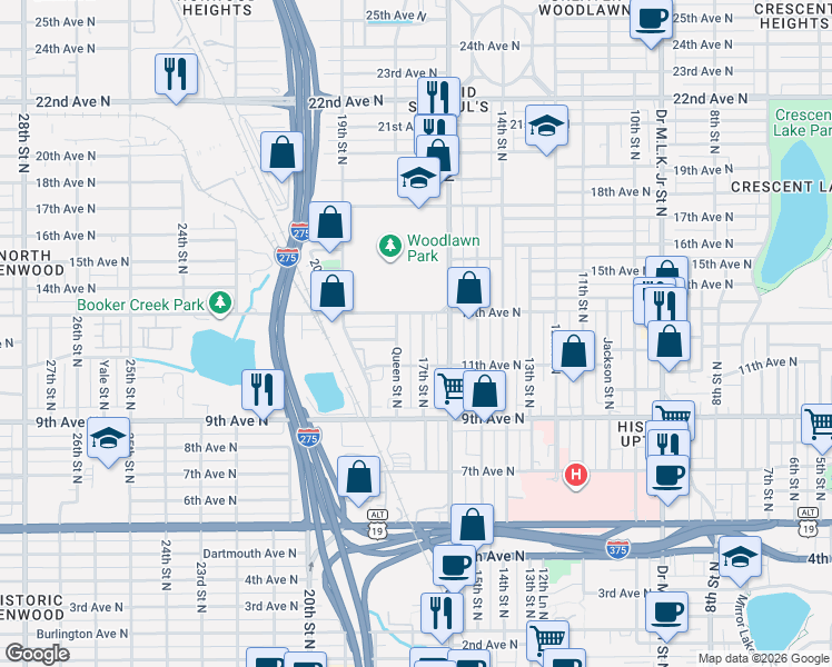 map of restaurants, bars, coffee shops, grocery stores, and more near 1234 17th Street North in St. Petersburg