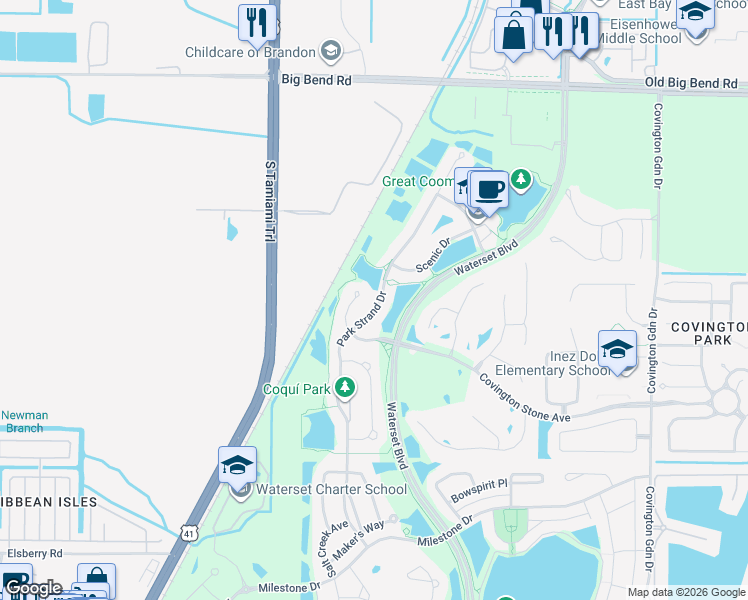 map of restaurants, bars, coffee shops, grocery stores, and more near 6718 Park Strand Drive in Apollo Beach