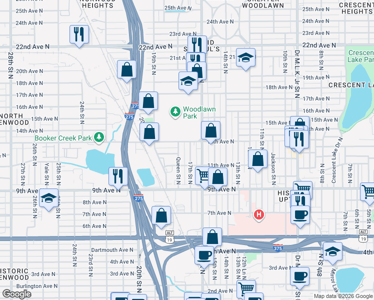 map of restaurants, bars, coffee shops, grocery stores, and more near 1234 17th Street North in St. Petersburg