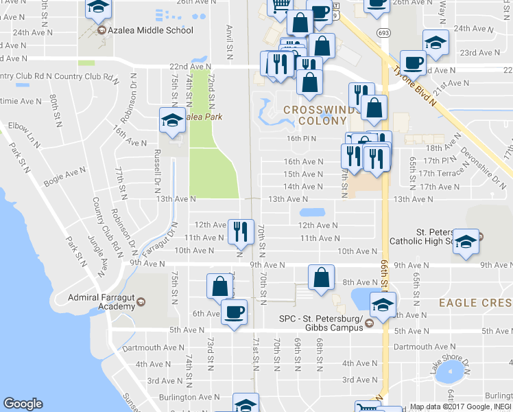 map of restaurants, bars, coffee shops, grocery stores, and more near 1285 72nd Street North in St. Petersburg