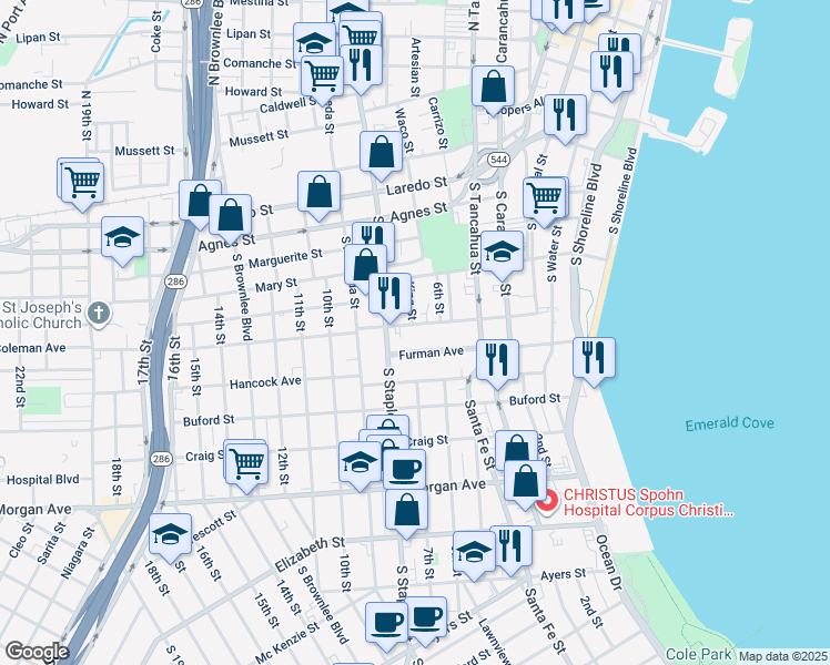 map of restaurants, bars, coffee shops, grocery stores, and more near 1001 Coleman Avenue in Corpus Christi