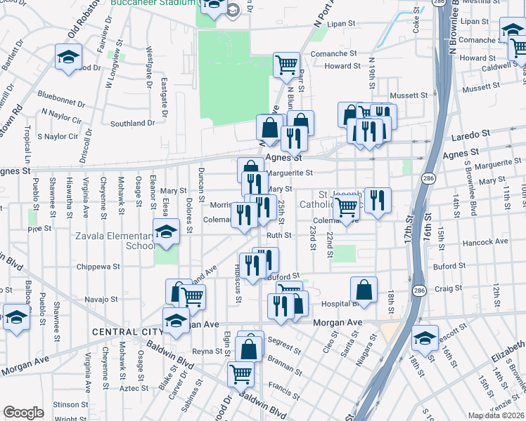 map of restaurants, bars, coffee shops, grocery stores, and more near 700 South Port Avenue in Corpus Christi