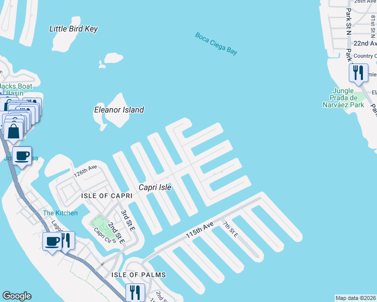 map of restaurants, bars, coffee shops, grocery stores, and more near 735 123rd Avenue in Treasure Island