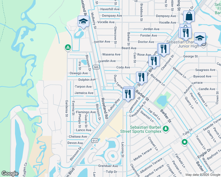 map of restaurants, bars, coffee shops, grocery stores, and more near 832 Tarpon Avenue in Sebastian